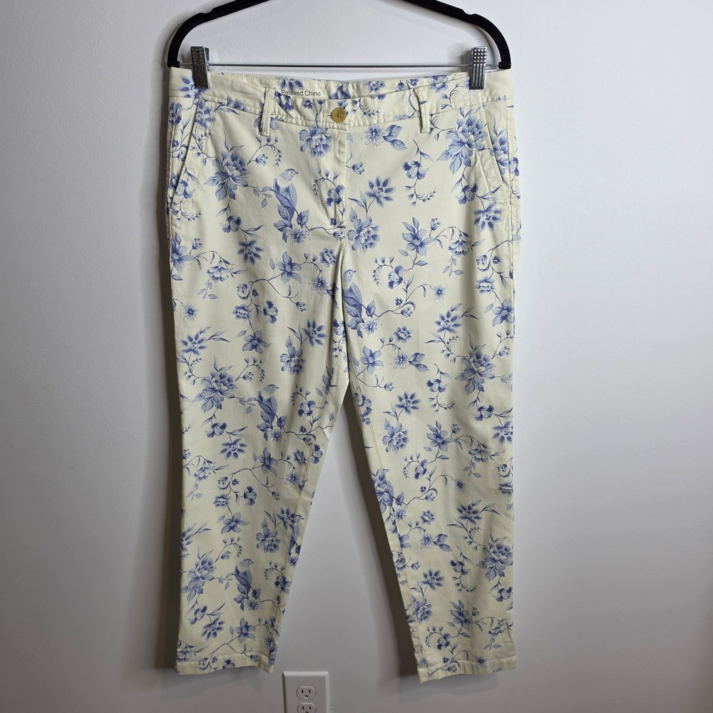 Talbots Relaxed Chino Pants Women 8P Cream Blue Floral Bird Print